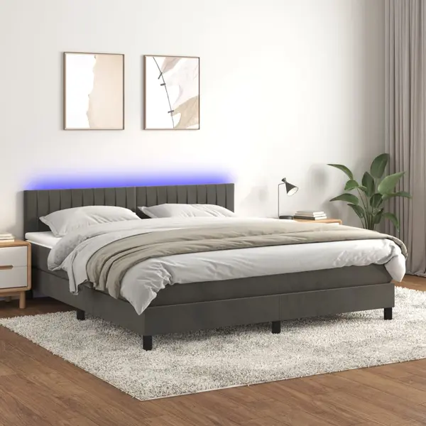 Gossi pat cu arcuri, saltea si led, gri inchis, 160x200 cm, catifea