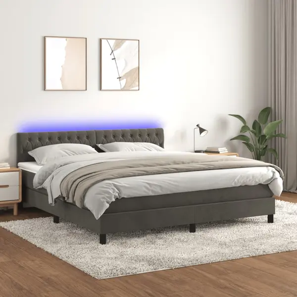 Gossi pat cu arcuri, saltea si led, gri inchis, 160x200 cm, catifea