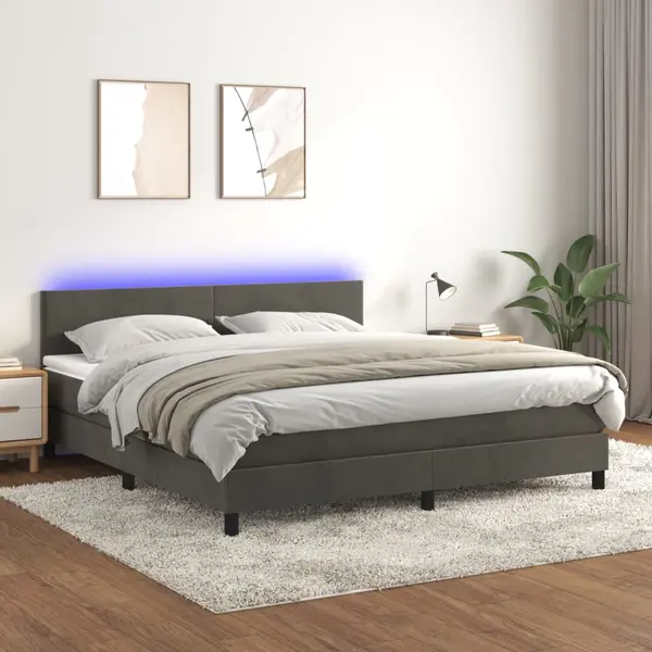Gossi pat cu arcuri, saltea si led, gri inchis, 160x200 cm, catifea