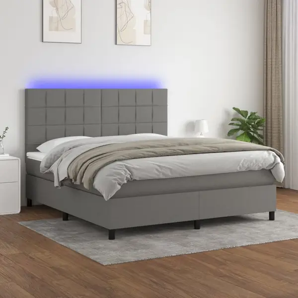Gossi pat cu arcuri, saltea si led, gri inchis, 160x200 cm, textil