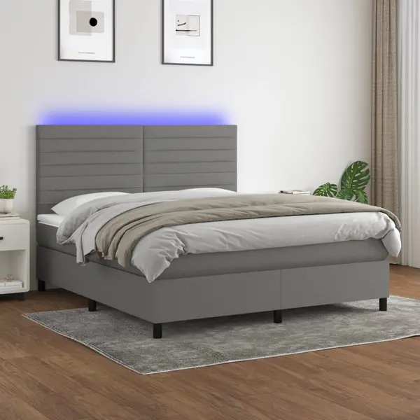 Gossi pat cu arcuri, saltea si led, gri inchis, 160x200 cm, textil