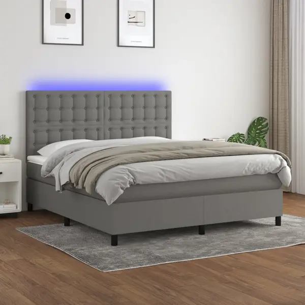 Gossi pat cu arcuri, saltea si led, gri inchis, 160x200 cm, textil