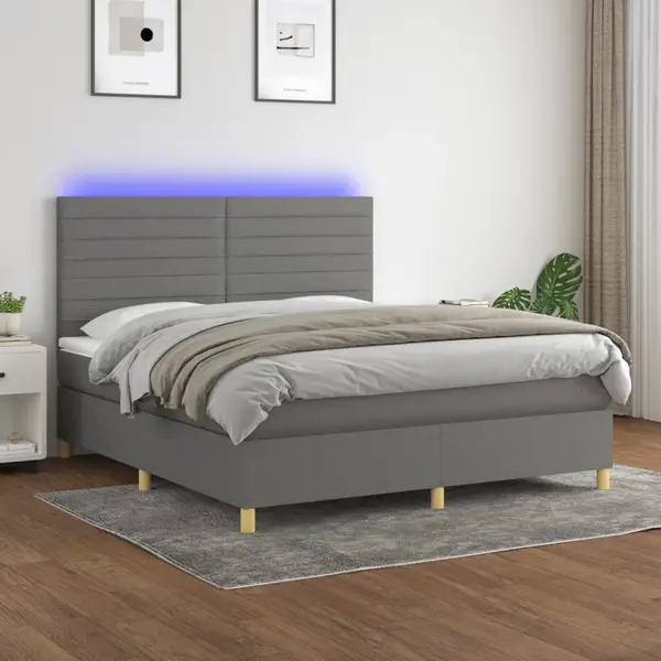 Gossi pat cu arcuri, saltea si led, gri inchis, 160x200 cm, textil