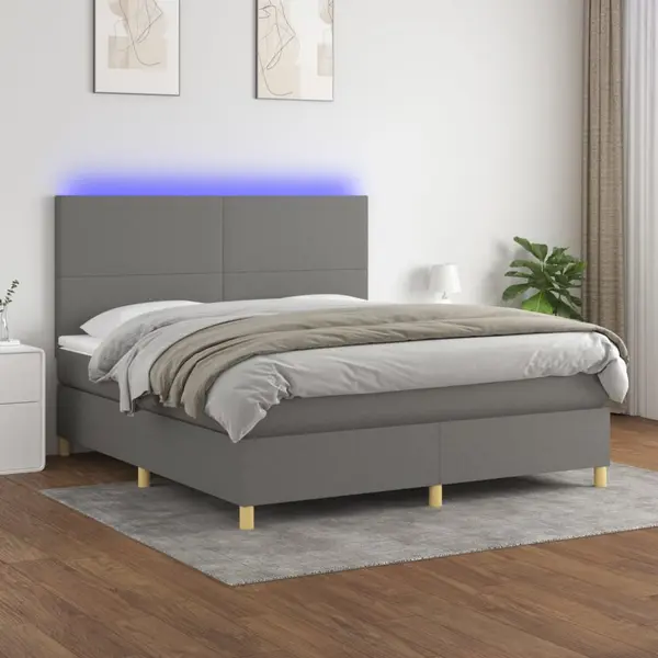 Gossi pat cu arcuri, saltea si led, gri inchis, 160x200 cm, textil