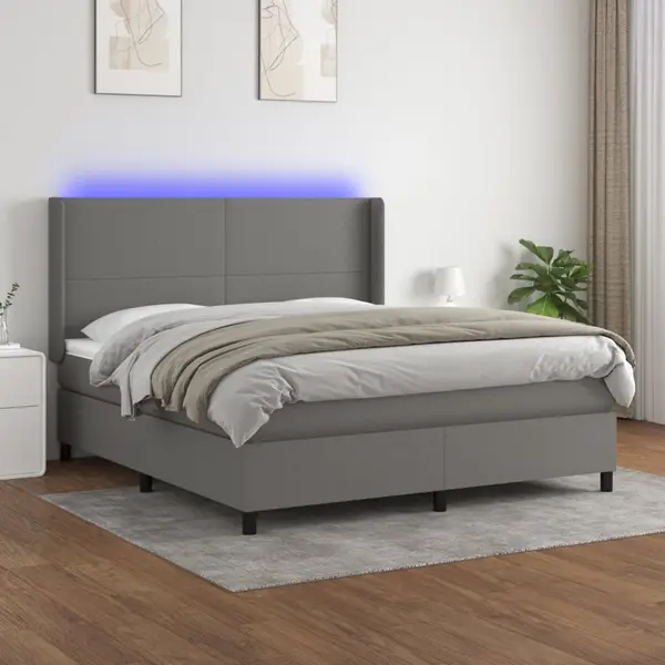 Gossi pat cu arcuri, saltea si led, gri inchis, 160x200 cm, textil
