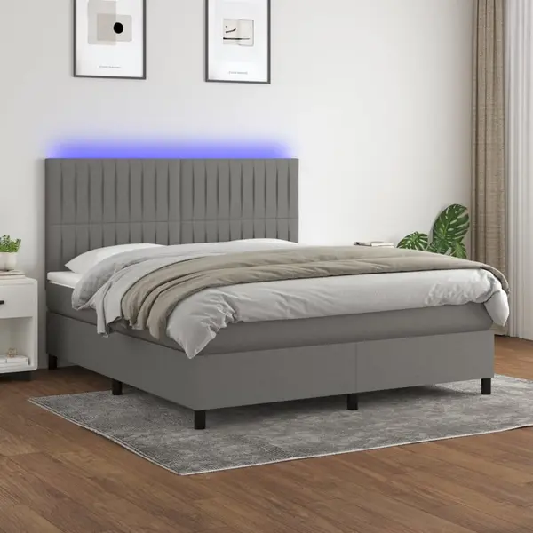 Gossi pat cu arcuri, saltea si led, gri inchis, 160x200 cm, textil
