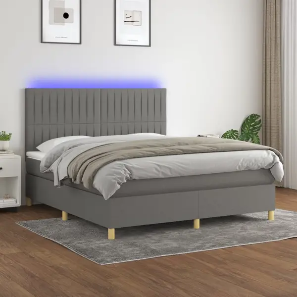 Gossi pat cu arcuri, saltea si led, gri inchis, 160x200 cm, textil