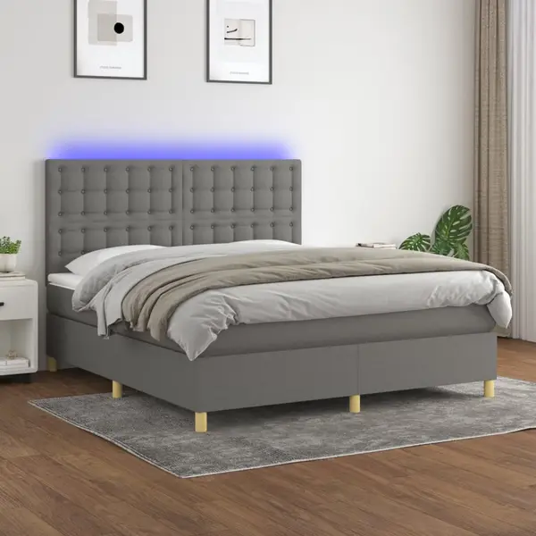 Gossi pat cu arcuri, saltea si led, gri inchis, 160x200 cm, textil