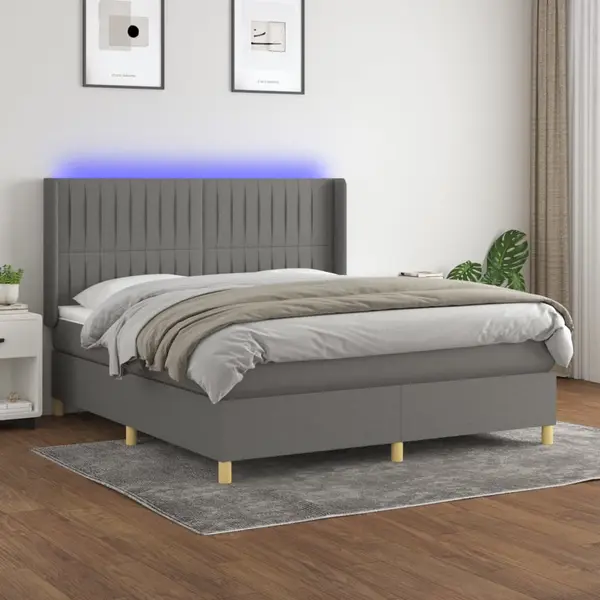 Gossi pat cu arcuri, saltea si led, gri inchis, 160x200 cm, textil