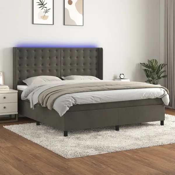 Gossi pat cu arcuri, saltea si led, gri inchis, 180x200 cm, catifea