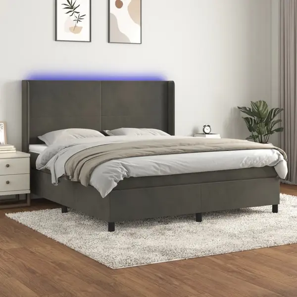 Gossi pat cu arcuri, saltea si led, gri inchis, 180x200 cm, catifea