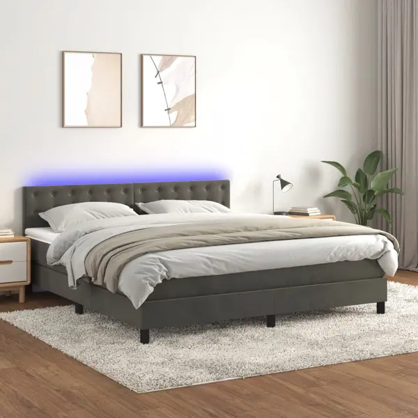Gossi pat cu arcuri, saltea si led, gri inchis, 180x200 cm, catifea