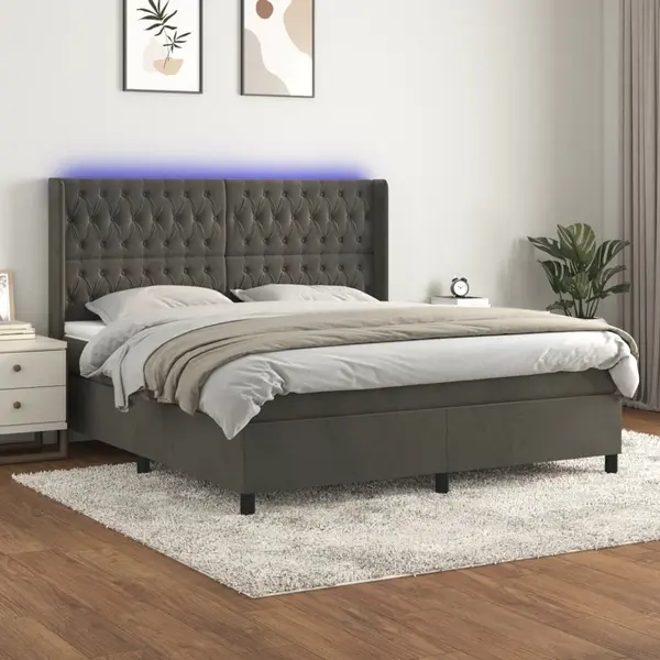 Gossi pat cu arcuri, saltea si led, gri inchis, 180x200 cm, catifea