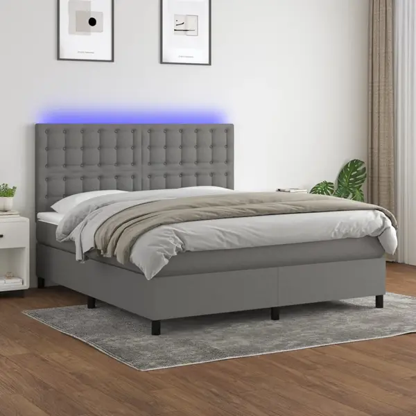 Gossi pat cu arcuri, saltea si led, gri inchis, 180x200 cm, textil