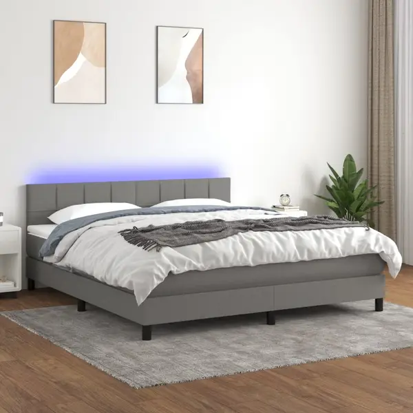 Gossi pat cu arcuri, saltea si led, gri inchis, 180x200 cm, textil