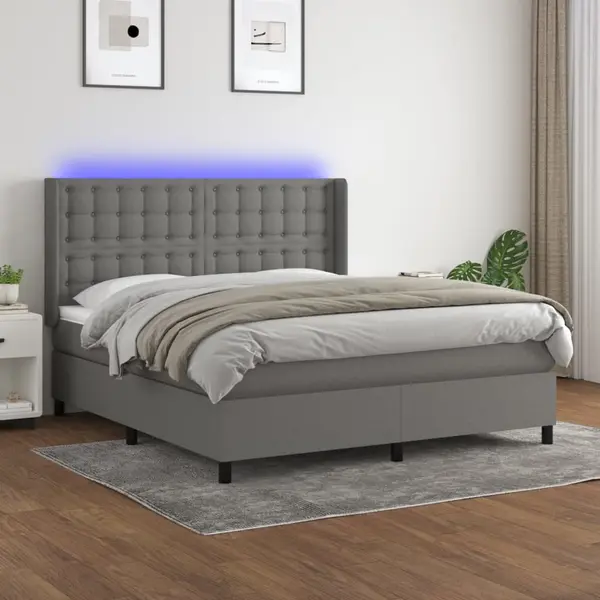 Gossi pat cu arcuri, saltea si led, gri inchis, 180x200 cm, textil