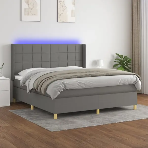 Gossi pat cu arcuri, saltea si led, gri inchis, 180x200 cm, textil