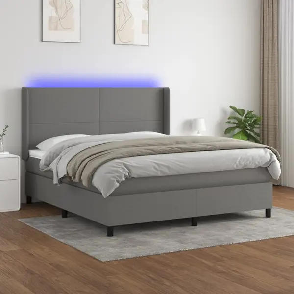 Gossi pat cu arcuri, saltea si led, gri inchis, 180x200 cm, textil