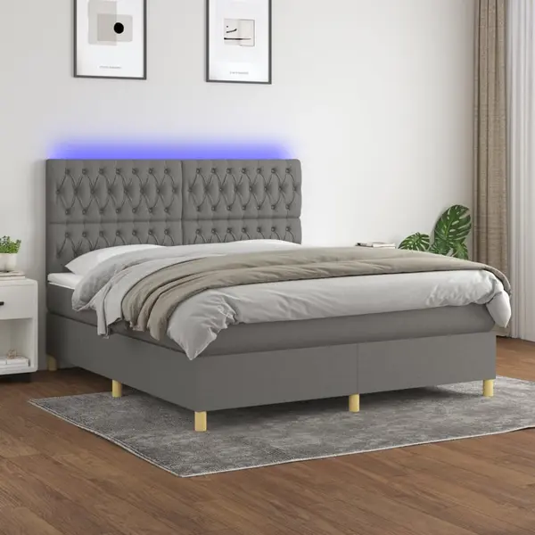 Gossi pat cu arcuri, saltea si led, gri inchis, 180x200 cm, textil