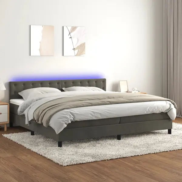 Gossi pat cu arcuri, saltea si led, gri inchis, 200x200 cm, catifea