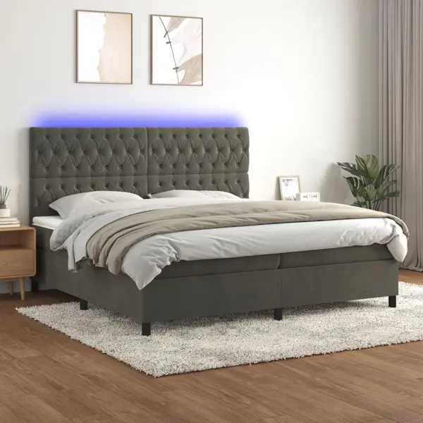 Gossi pat cu arcuri, saltea si led, gri inchis, 200x200 cm, catifea