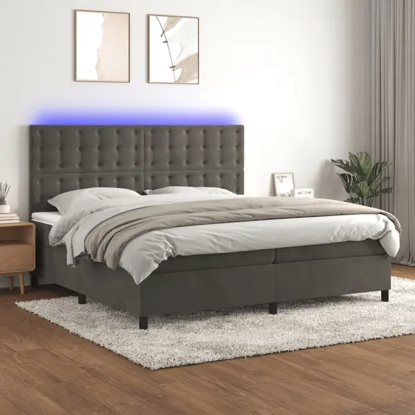 Gossi pat cu arcuri, saltea si led, gri inchis, 200x200 cm, catifea
