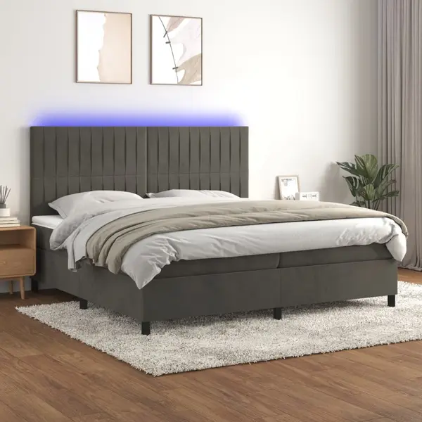 Gossi pat cu arcuri, saltea si led, gri inchis, 200x200 cm, catifea