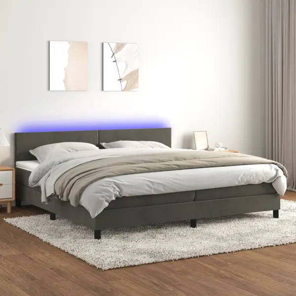 Gossi pat cu arcuri, saltea si led, gri inchis, 200x200 cm, catifea