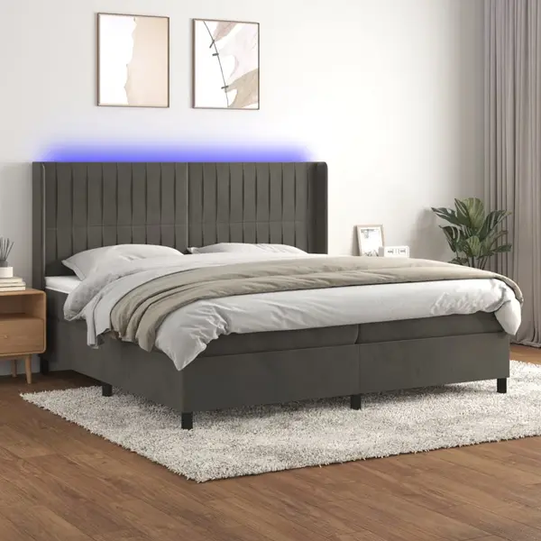 Gossi pat cu arcuri, saltea si led, gri inchis, 200x200 cm, catifea