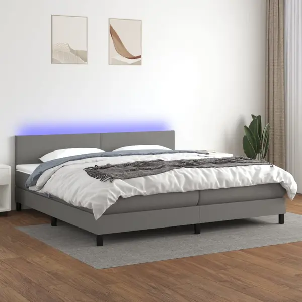 Gossi pat cu arcuri, saltea si led, gri inchis, 200x200 cm, textil