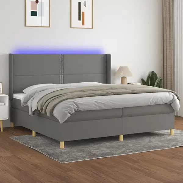 Gossi pat cu arcuri, saltea si led, gri inchis, 200x200 cm, textil