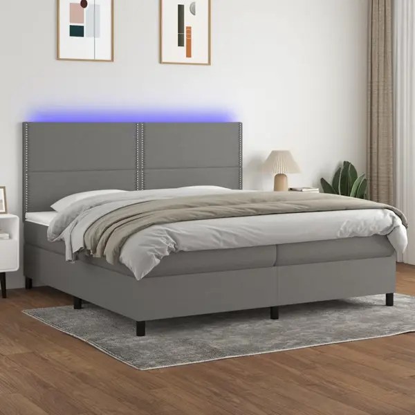 Gossi pat cu arcuri, saltea si led, gri inchis, 200x200 cm, textil