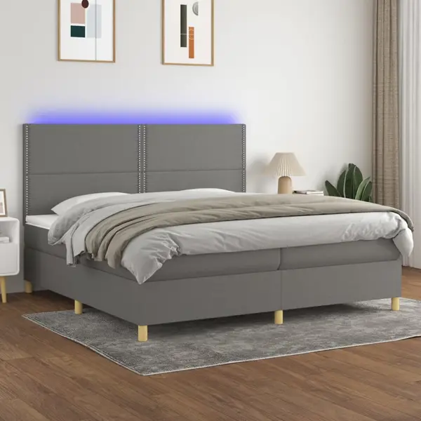 Gossi pat cu arcuri, saltea si led, gri inchis, 200x200 cm, textil