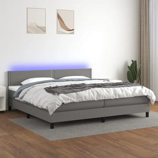 Gossi pat cu arcuri, saltea si led, gri inchis, 200x200 cm, textil