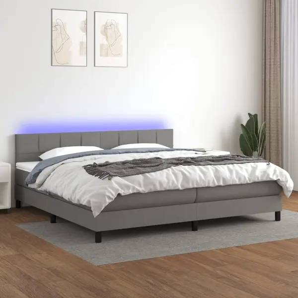 Gossi pat cu arcuri, saltea si led, gri inchis, 200x200 cm, textil