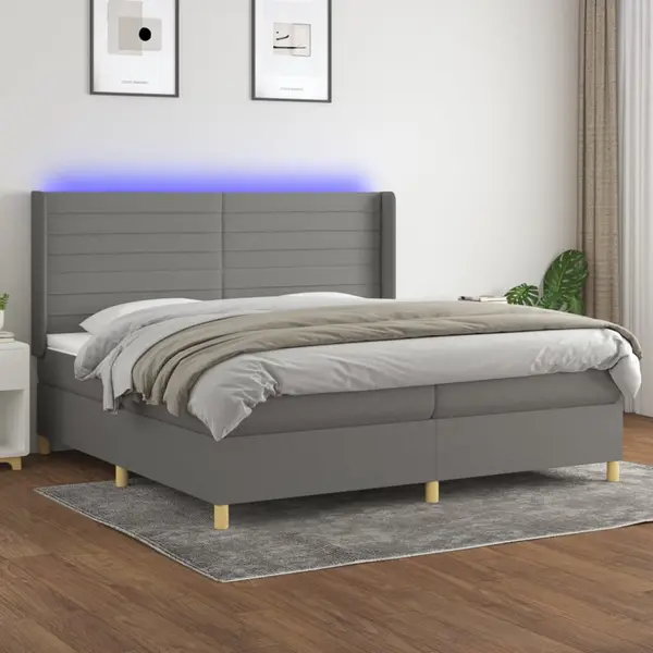 Gossi pat cu arcuri, saltea si led, gri inchis, 200x200 cm, textil