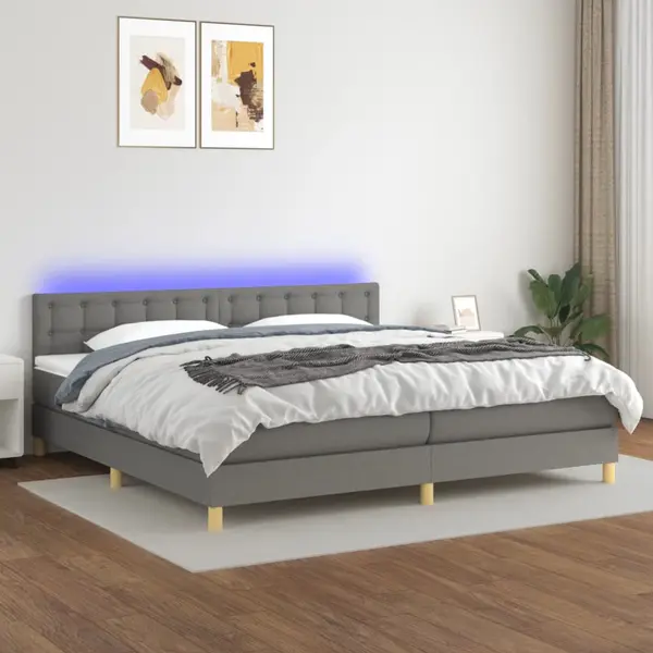 Gossi pat cu arcuri, saltea si led, gri inchis, 200x200 cm, textil