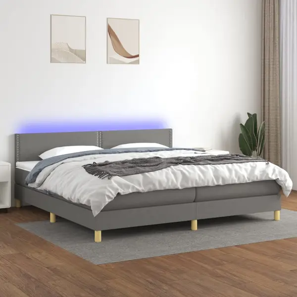 Gossi pat cu arcuri, saltea si led, gri inchis, 200x200 cm, textil