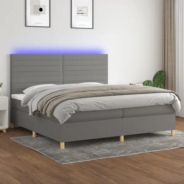 Gossi pat cu arcuri, saltea si led, gri inchis, 200x200 cm, textil