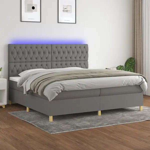 Gossi pat cu arcuri, saltea si led, gri inchis, 200x200 cm, textil