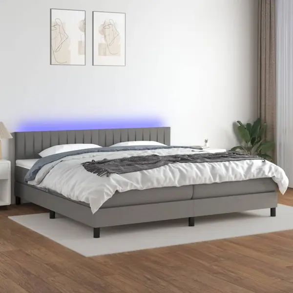 Gossi pat cu arcuri, saltea si led, gri inchis, 200x200 cm, textil