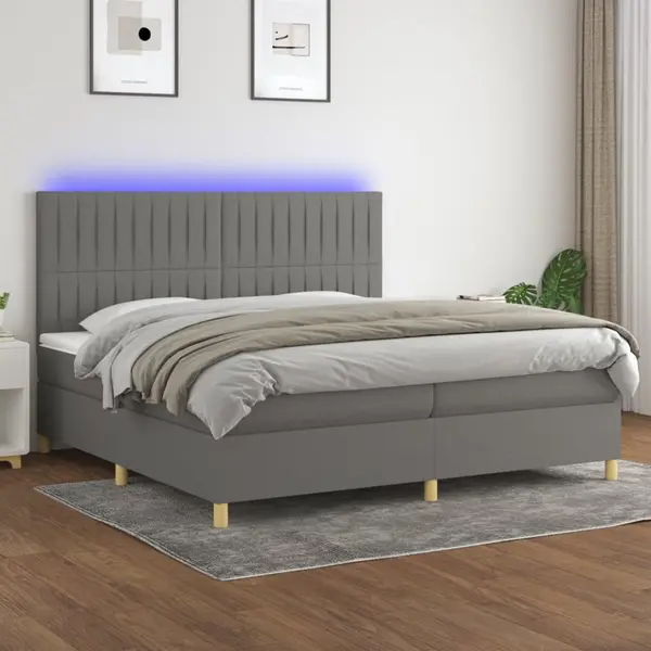 Gossi pat cu arcuri, saltea si led, gri inchis, 200x200 cm, textil