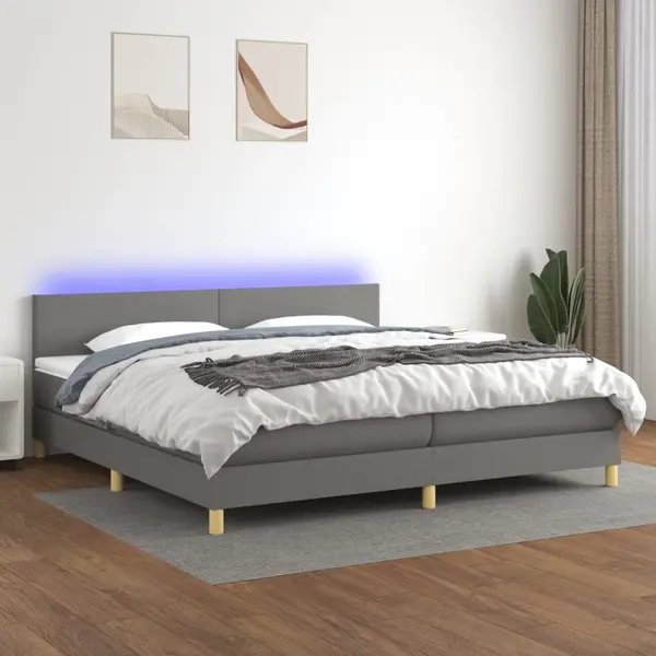 Gossi pat cu arcuri, saltea si led, gri inchis, 200x200 cm, textil
