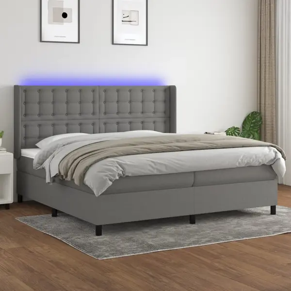 Gossi pat cu arcuri, saltea si led, gri inchis, 200x200 cm, textil