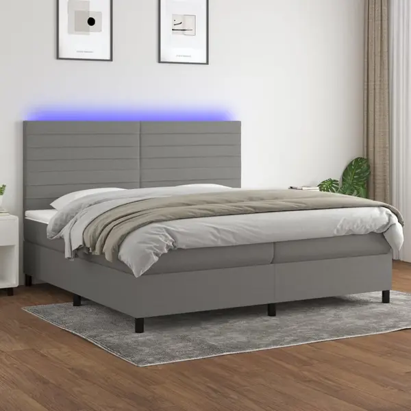 Gossi pat cu arcuri, saltea si led, gri inchis, 200x200 cm, textil