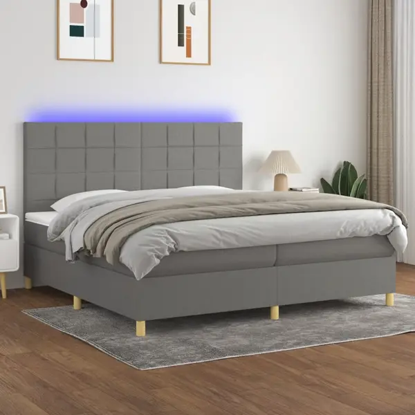 Gossi pat cu arcuri, saltea si led, gri inchis, 200x200 cm, textil