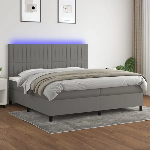 Gossi pat cu arcuri, saltea si led, gri inchis, 200x200 cm, textil