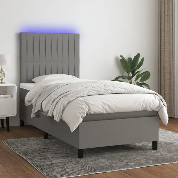 Gossi pat cu arcuri, saltea si led, gri inchis, 80x200 cm, textil