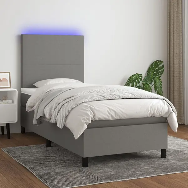 Gossi pat cu arcuri, saltea si led, gri inchis, 80x200 cm, textil