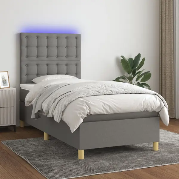 Gossi pat cu arcuri, saltea si led, gri inchis, 80x200 cm, textil